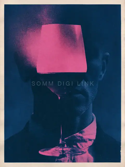 Pink glass, blue portrait