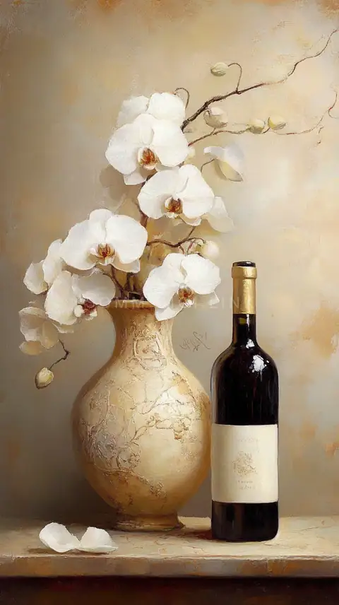 Orchid Wine Bottle Still Life